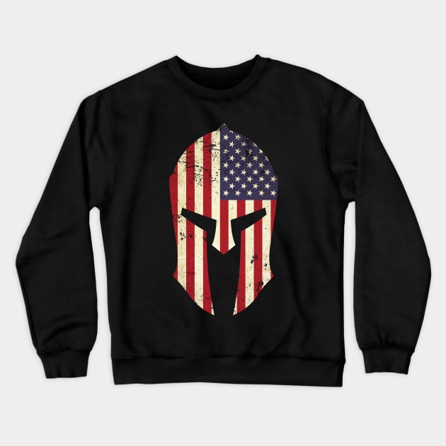 Spartan Helmet American Flag Distressed Warrior Crewneck Sweatshirt by Beltschazar